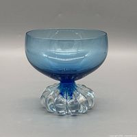 Side view of blue bowl on clear bubble foot