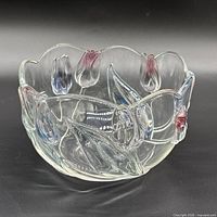 Front angled view of iridescent tulip glass bowl