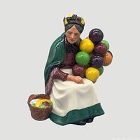 Front view of figurine showing balloons, basket and seated figure