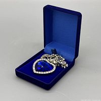 necklace in open blue velvet box showing pendant and chain