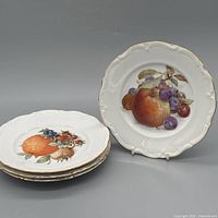 Stack of plates showing fruit designs and gold trim