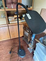 Full view of black LED gooseneck floor lamp showing base, flexible arm, head, attached power cord