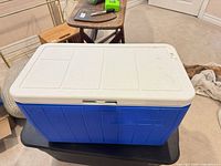 Angled view shows blue body, white lid, overall form and condition