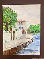 Full view of unframed 18x24 canvas painting showing waterfront scene