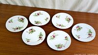 Six plates spread on table surface