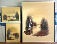 All three framed paintings arranged together for scale and grouping