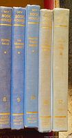 Spines of five blue cloth volumes showing titles, volume numbers 8-12, and author name