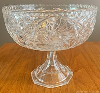 Side view of entire clear cut crystal compote showing pattern and pedestal