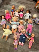 All sixteen dolls laid out showing sizes and outfits