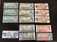 All fourteen notes laid out showing denominations and fronts