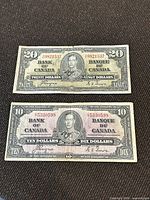 Both 1937 $20 and $10 Bank of Canada notes full view