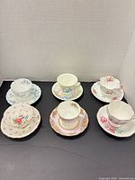 All six teacup and saucer sets overview