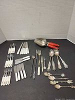 All flatware pieces, scoops, knives, forks and spoons laid out