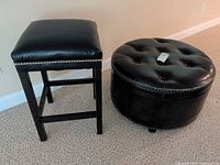 Square stool and round ottoman side by side showing overall design and size