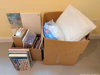 Two cardboard boxes with batting roll, polyester fiberfill bag, canvases, art supply bin, stack of books