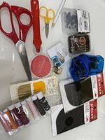 Overview of all sewing tools, threads, buttons, patches