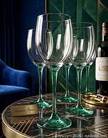 Six clear-bowl, green-stem Luminarc wine glasses on round table with bottle and name card