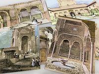 Stack of hand-colored architectural prints showing arches, courtyards, people