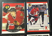 Two Jeremy Roenick cards: Pro Set and Score versions in sleeves