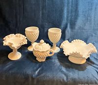 Group image showing all five Fenton hobnail milk glass pieces