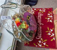 Clear vinyl bag holding assorted wreaths and red doormat
