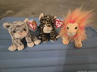 Front view of all three Ty Beanie Babies on blue surface
