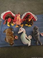 Group of six Ty Beanie Babies arranged on blue surface