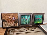 All three framed paintings side by side on floor showing overall view
