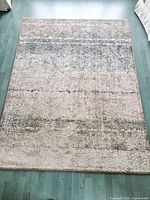 Full view of rectangular beige to gray gradient rug on green floor