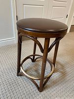 Full view of stool showing bentwood frame, stretcher ring, and vinyl seat
