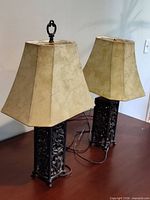 Pair of lamps showing metal bases, shades, cords