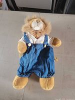 Front view of plush lion backpack showing character, clothing, zipper location