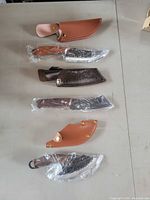 Overview of four knives each in plastic wrap beside corresponding leather sheath