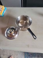 Saucepan and lid side-by-side on table