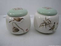 both porcelain tea caddies front view with lids on