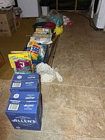 Entire lot lined up on floor showing vinegar cases, crate of cleaners, mop bucket, mops and accessories