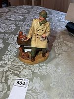 Full view of figurine front left showing man, bench, squirrels