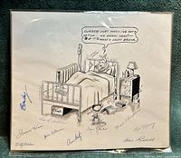 Full view of mounted cartoon artwork showing signatures and entire composition