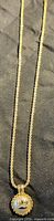 Full length view of gold tone rope chain necklace with pendant