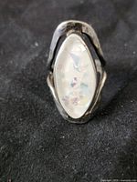 Front view of ring showing marquise opalite cabochon and silver setting
