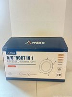 Front of sealed Amico 12-pack downlight box with specifications