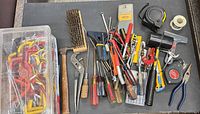 Overview of entire lot including wrench set, hex key case, hammers, pliers, screwdrivers and accessories