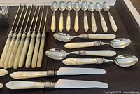 Flatware pieces laid out showing pearlized handles and ribbed collars