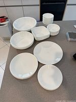 Group view of all Corelle pieces on countertop