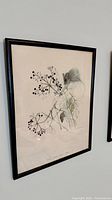 Close view of one framed print showing bird and botanical illustration