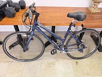 Full left side view of blue Trek hybrid bicycle