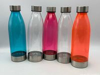 Front view of all five water bottles showing colors and condition