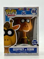 Front view of boxed Funko Pop Geoffrey as Robin showing figure and exclusivity sticker