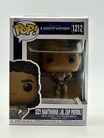 Front of boxed Funko Pop showing figure and model details