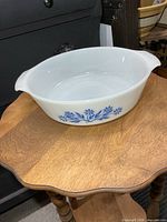 Top view of round milk glass dish, interior visible